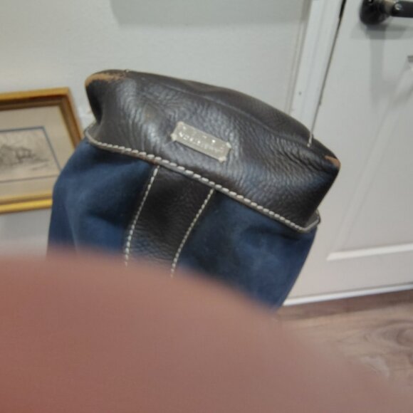 Lambertson Truex crossbody briefcase bag navy blue canvas or cotton and brown le - Picture 10 of 12